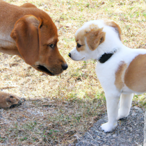 Puppy and dog meeting